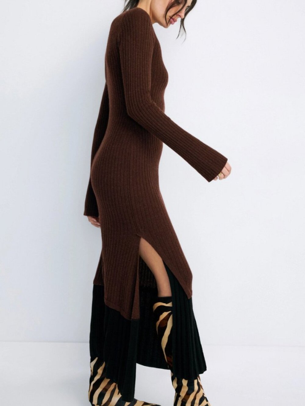 NAADAM Cashmino Layered Crew Neck Dress Brown Small